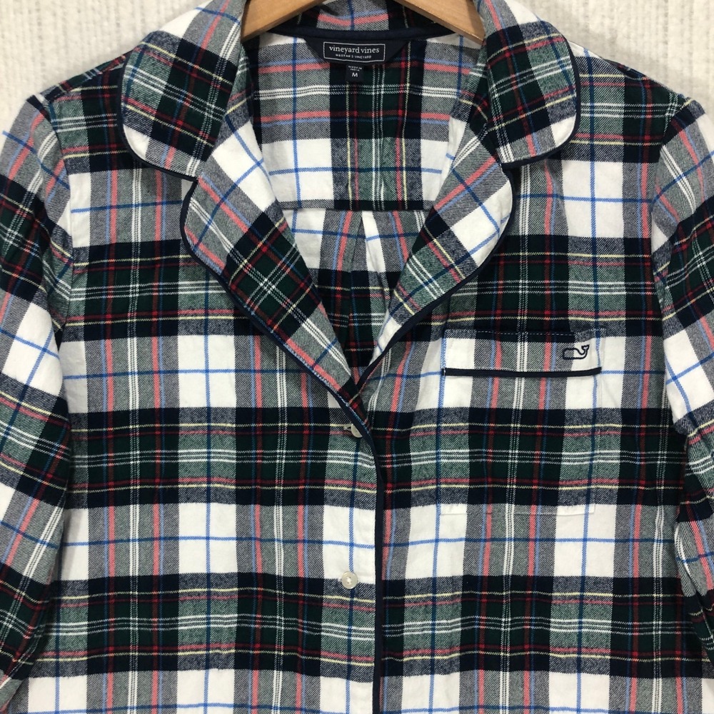 Vineyard Vines Womens Medium Plaid Pajama Top Navy Green White Red Sleep Shirt